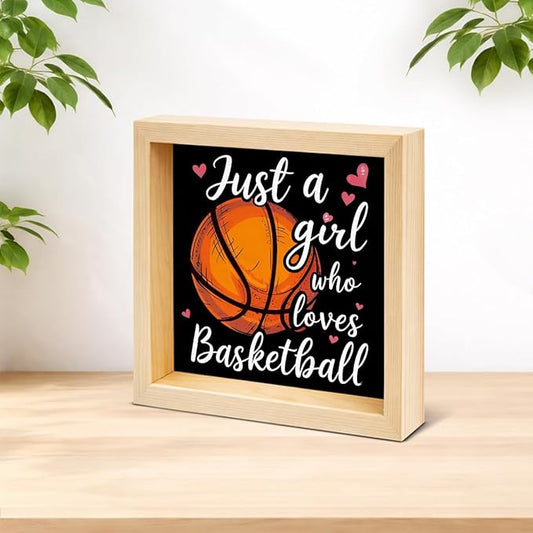 Basketball Home Decor - Gift for Girl Basketball Lover - Double-sided Wood Box Sign for Home Kitchen Farmhouse Office Tiered Tray Desk Shelf Decor