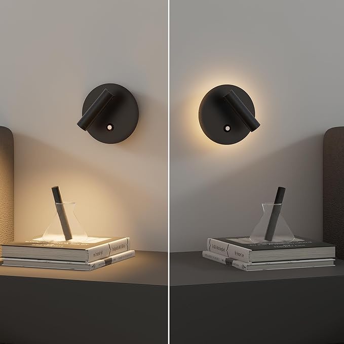 Aisilan 2-Pack Modern Wall Sconce with Touch Switch, Dimmable 6W Adjustable Wall Lamp, Dual-Mode Hardwired Bedside Lights, Black Wall Mounted Lighting for Bedroom, Living Room & Hallway