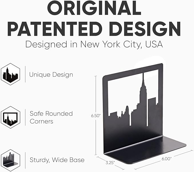 Geomod Decorative New York City NYC Skyline Metal Bookends (Black, 1 Pair) Book Ends for Tables, Desks, Shelves | Bookends to Hold Tall, Hardback Books…