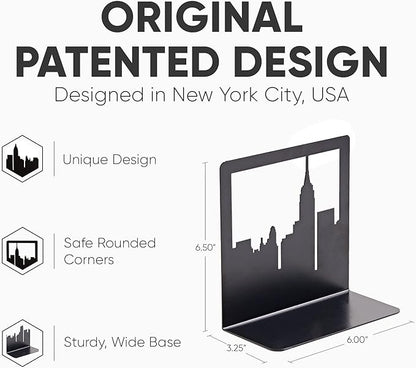 Geomod Decorative New York City NYC Skyline Metal Bookends (Black, 1 Pair) Book Ends for Tables, Desks, Shelves | Bookends to Hold Tall, Hardback Books…