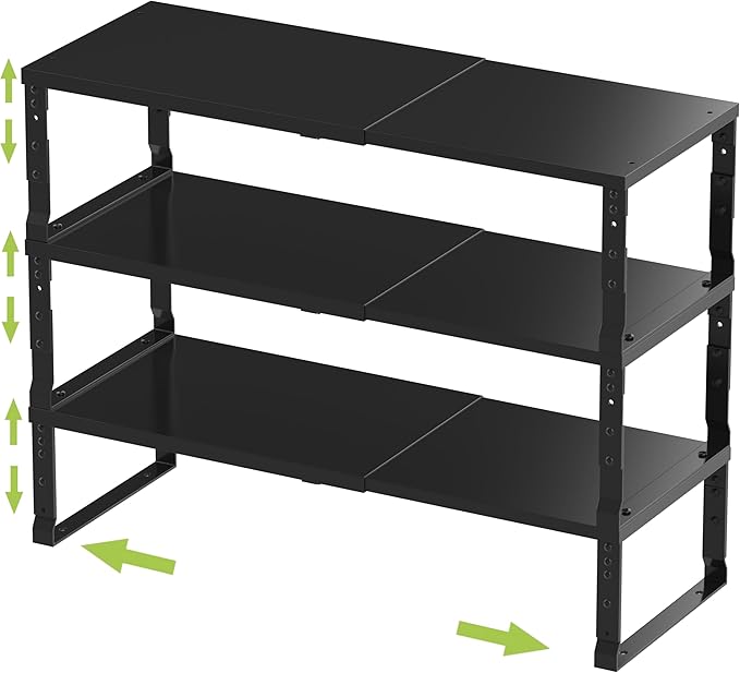 Expandable Stackable Spice Rack Organizer for Kitchen Cabinet,Adjustable Counter Shelf, countertop, Pantry,Cupboard,Bathroom,Bedroom(3Packs/Black/Medium)