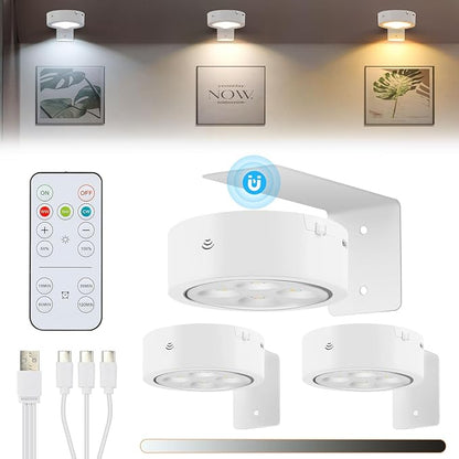 3 Pack Rechargeable Battery LED Picture Light,Wall Lights for Pictures with Remote Dimmable and Timer,3 Lighting Modes Magnetic Art Display Light for Paintings Battery Operated-White