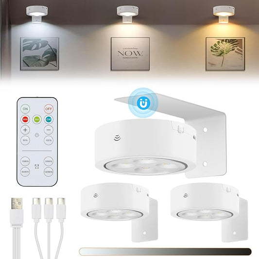 3 Pack Rechargeable Battery LED Picture Light,Wall Lights for Pictures with Remote Dimmable and Timer,3 Lighting Modes Magnetic Art Display Light for Paintings Battery Operated-White