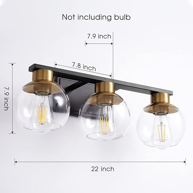 PAZALA 3-Light Bathroom Vanity Lights, Black and Gold Bathroom Light Fixtures Over Mirror with Globe Glass Shade, 22in Modern Wall Sconce for Bathr Mirror Bedroom Hallway, E26 Base(Bulbs Not Included)