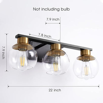 PAZALA 3-Light Bathroom Vanity Lights, Black and Gold Bathroom Light Fixtures Over Mirror with Globe Glass Shade, 22in Modern Wall Sconce for Bathr Mirror Bedroom Hallway, E26 Base(Bulbs Not Included)