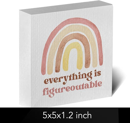 Motivational Rainbow Artwork Wood Box Sign Rustic Farmhouse Style Everything Is Figureoutable Wood Block Plaque 5 X 5 Inches Home Office Desk Sign Decor for Presents