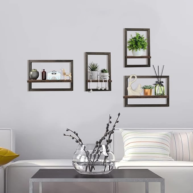 idee-home Floating Shelves for Wall, Rustic Square Hanging Floating Shelves Set of 4 Wood, Wall Decor Mounted Bathroom, Living Room, Kitchen Storage