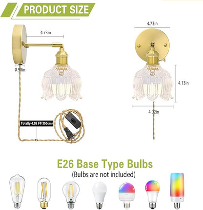 Plug in Wall Sconces Set of 2, Plug in Wall Lamp, Vintage Wall Light with Clear Tulip Glass Lampshade, 3-Way Dimmable with Dual Switches, No Wiring Needed for Bedroom Wall Decor and Hallway