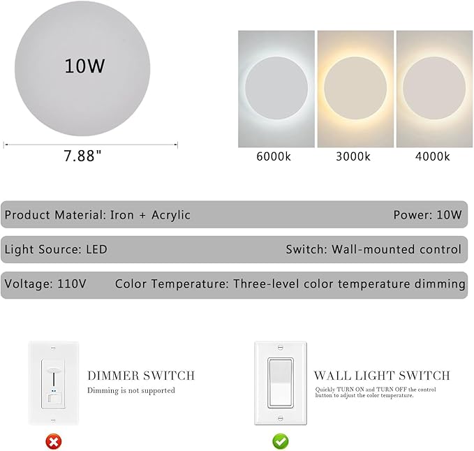 Modern Minimalist Wall Light White/Black Round Disc Wall Sconce Metal Circular Stairwell Lighting Dimmable LED Sconce for Living Room Bedroom