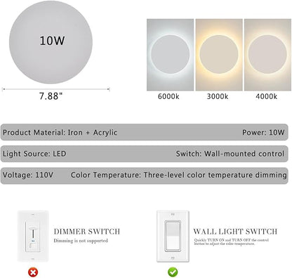 Modern Minimalist Wall Light White/Black Round Disc Wall Sconce Metal Circular Stairwell Lighting Dimmable LED Sconce for Living Room Bedroom
