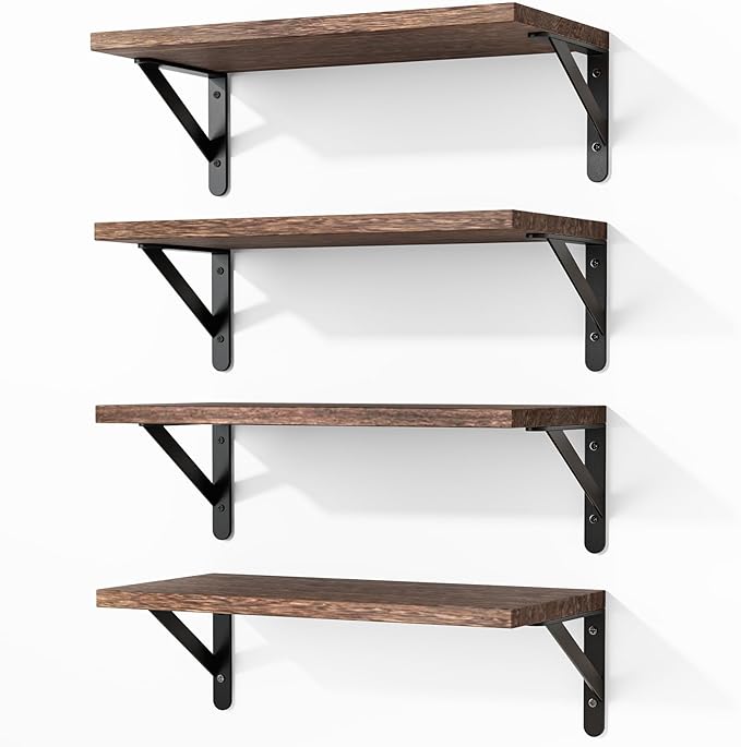 Fixwal Floating Shelves for Wall, Wood Wall Mounted Shelves for Bedroom, Bathroom, Living Room, Kitchen Storage and Decor(Brown, Set of 4, 16.5 Inch)