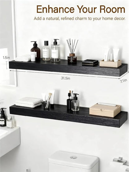 Solid Wood Floating Shelves,31.5in Finished Real Wood Wall Shelves with Heavy-Duty Hidden Bracket, Easy Installation, Set of 2, 31.5in x 7.1in x 1.5in, for Living Room Bedroom Kitchen,Black