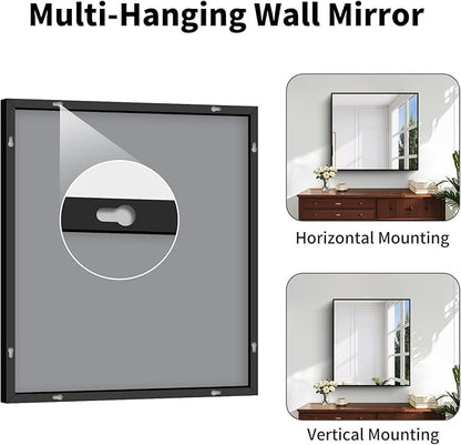 Koonmi Black Framed Bathroom Mirror - Shatterproof 32"x28" Tempered Glass, HD No Distortion, Horizontal/Vertical Mount, Modern Matte Aluminum Alloy Frame
