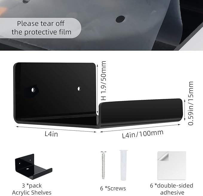 3 Pack Acrylic Small Floating Shelf for Wall Storage,4'' Mini Adhesive Shelf for Living Room,Bathroom,Bedroom,(Adhesive&Drilling)