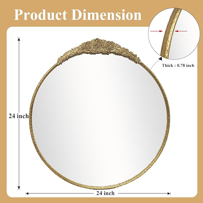Growsun Round Wall Mirror with Vintage Gold Floral Frame – 24 Inch Decorative Wall Mirror for Living Room, Bedroom, Entryway, Bathroom Vanity – Elegant Antique Accent Home Décor