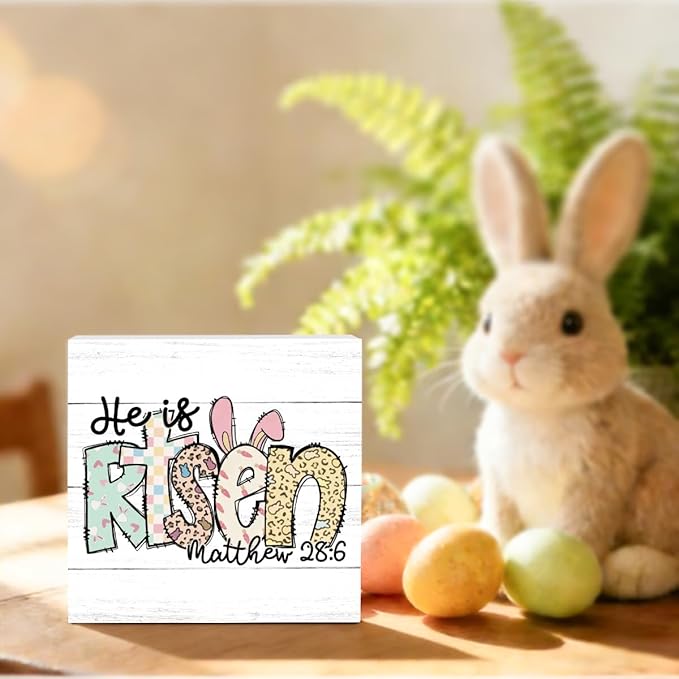 Funny Easter Christian Sign Easter Bunny Decor Religious Jesus Bunny Rabbit Decor Decorations for Home Office Desk Tiered Tray He Is Risen Matthew 28:6 Sign 5 X 5 Inch