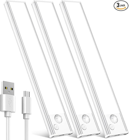 Under Cabinet Motion Sensor Lighting: 14 Inch Dimmable Rechargeable Lights Indoor - Battery Operated Lights - Undercabinet Closet Light Magnetic Led Light for Kitchen Home Bathroom Counter 3 Pack