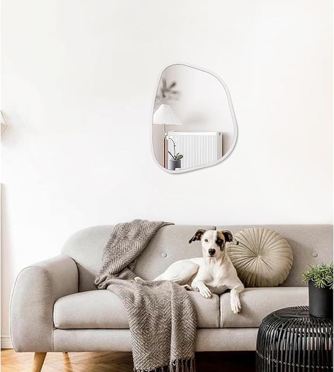 White Irregular Bathroom Mirror Modern Oval Wall Mirror Asymmetrical Wooden Framed Wall Mirror Unique Shape Wall Mounted Vanity Artistic Mirror Decor for Living Room Bedroom Entryway Small 14