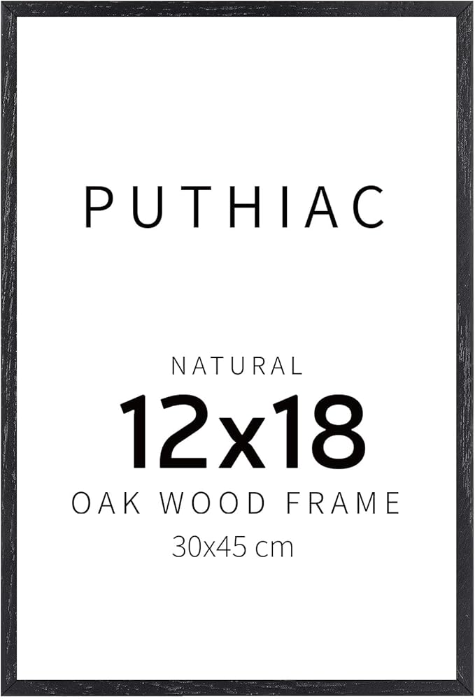 puthiac 12x18 Solid Oak Wood Picture Frame, Fits 8x12 with Mat or 12x18 Without Mat, Wall Display Only, Vertical or Horizontal, Plexi Front, 1 Pack, Black