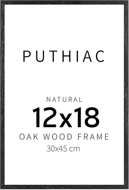 puthiac 12x18 Solid Oak Wood Picture Frame, Fits 8x12 with Mat or 12x18 Without Mat, Wall Display Only, Vertical or Horizontal, Plexi Front, 1 Pack, Black