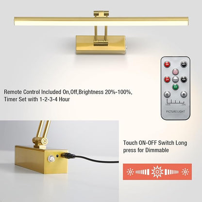 Picture Light,5200mAh Battery Picture Light with Remote, 16inches Metal Frame Light for Paintings, Rechargeable Display Wall Lamp for Gallery Portrait Artwork (Brass)
