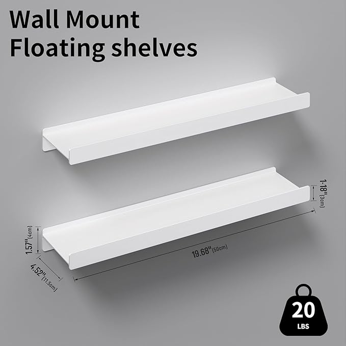 Floating Shelves for Wall, Wall Mounted Shelves with Lip for Storage, Metal Display Shelves for Home Decor, Kitchen/Living Room/Bedroom/Bathroom Shelf, White 20 inch 2 Pack