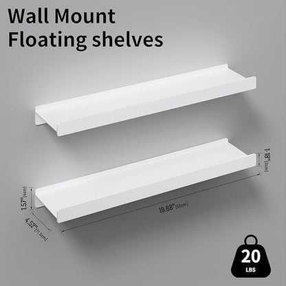 Floating Shelves for Wall, Wall Mounted Shelves with Lip for Storage, Metal Display Shelves for Home Decor, Kitchen/Living Room/Bedroom/Bathroom Shelf, White 20 inch 2 Pack