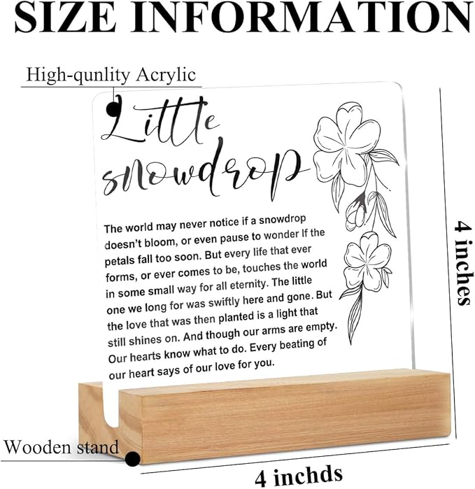 Memorial Gifts Acrylic Sign with Wooden Stand, Remembrance Condolence for Loss of Loved One Clear Desk Decorative Sign, Little Snowdrop Table Decor Bereavement Gift, Sympathy Gifts for Mom Dad Couple