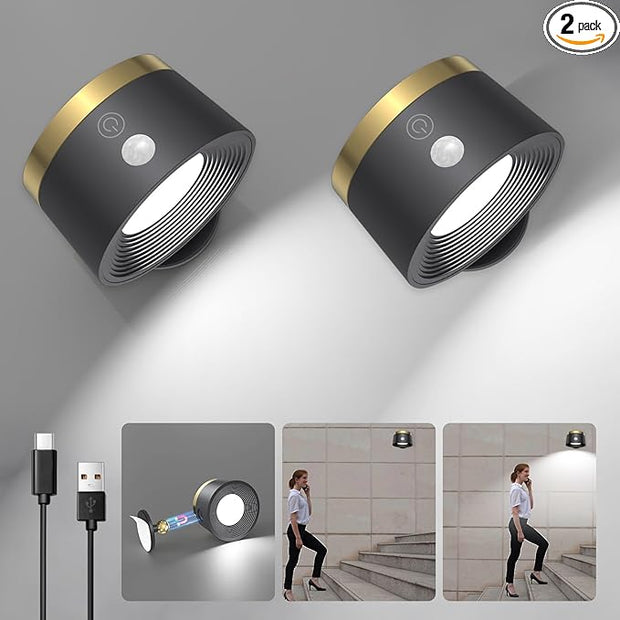 Moobibear Motion Sensor Wall Light Indoor 2Pcs, 3500mAh Rechargeable Battery Operated LED Wall Light, Wall Lamp Wireless with 360 ° Rotation, 3 Color Temperatures for Bedroom, Study, Corridor, Picture