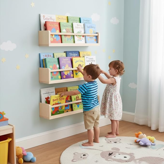 Set of 3 Kids Floating Bookshelves Natural – 24 Inch Wall Mounted Nursery Book Shelves with Safety Rail – Ideal Storage & Display Shelf for Nursery, Bedroom, and Playroom