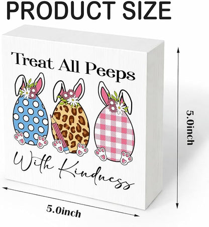 Easter Decorations Treat All Peeps With Kindness Wooden Box Sign, Cute Bunny Spring Desk Decor, Farmhouse Easter Shelf Plaque Gift for Teacher Classroom Home Office