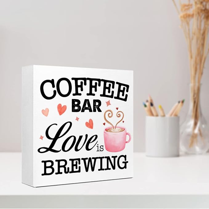 LVQHI Funny Kitchen Wood Block Signs,Coffee Bar Love is Brewing Wooden Box Sign for Home Shelf Bedroom Tabletop Desk Decor,Rustic Kitchen Office Cafe Sign Decor