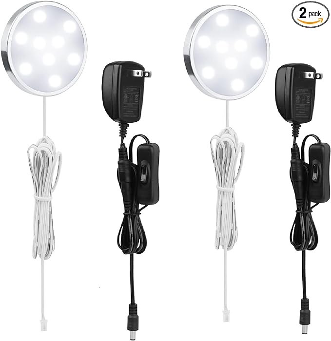 LABOREDUCER 12V Under Cabinet LED Puck Lighting Kit 2 Packs Slim Aluminum Puck Lights,Single Light Plug in Counter Light Fixture for Kitchen Cupboard Bookcase Display Shelf Lighting (Cool White,6000K)
