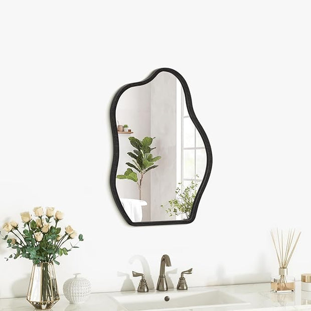 Modern Asymmetrical Mirror Unique Irregular Wooden Framed Mirror for Wall Hanging Mirrors Artistic Cloud Shape Wall Mirror Decor Bathroom Bedroom Living Room Entryway Hallway Small