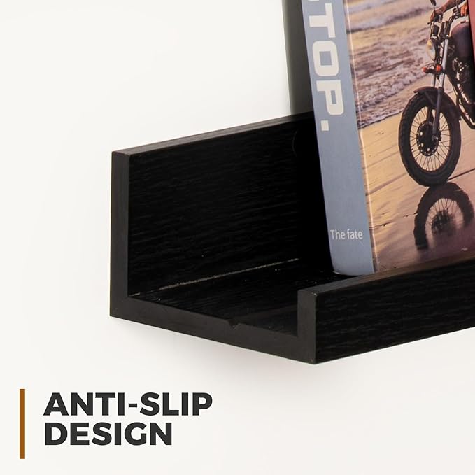 Muzilife 55" Large Floating Wall Ledge Shelves with Lip - Set of 2 Wood Floating Shelves - Black Wall Mounted Picture Ledge for Office, Bathroom, Bedroom, Living Room, Kitchen