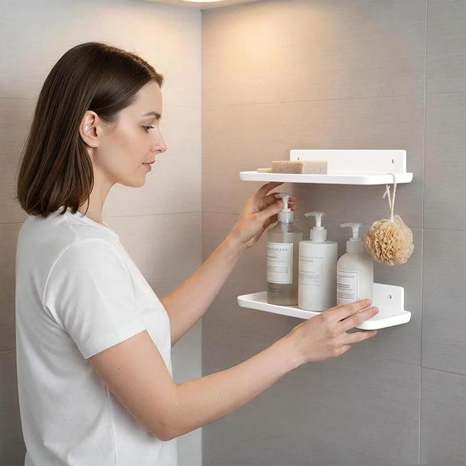 Adhesive Floating Shelves No Drill Floating Shelf for Wall Storage Damage-Free Wall Mounted Organizer for Bathroom, Kitchen, Bedroom & Office (White, 4 PCS)