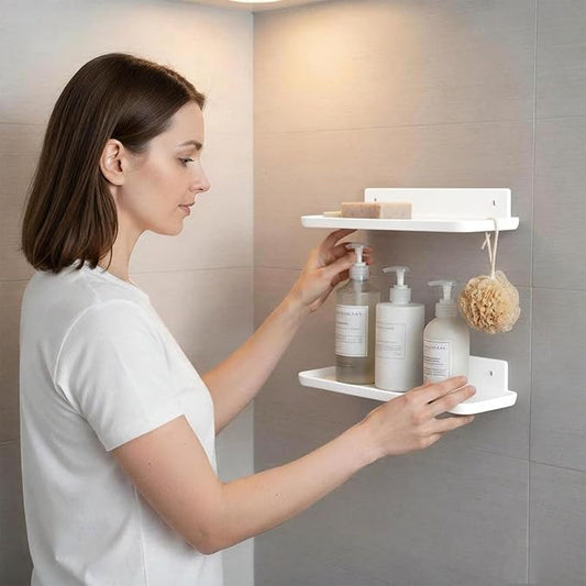 Adhesive Floating Shelves No Drill Floating Shelf for Wall Storage Damage-Free Wall Mounted Organizer for Bathroom, Kitchen, Bedroom & Office (White, 4 PCS)