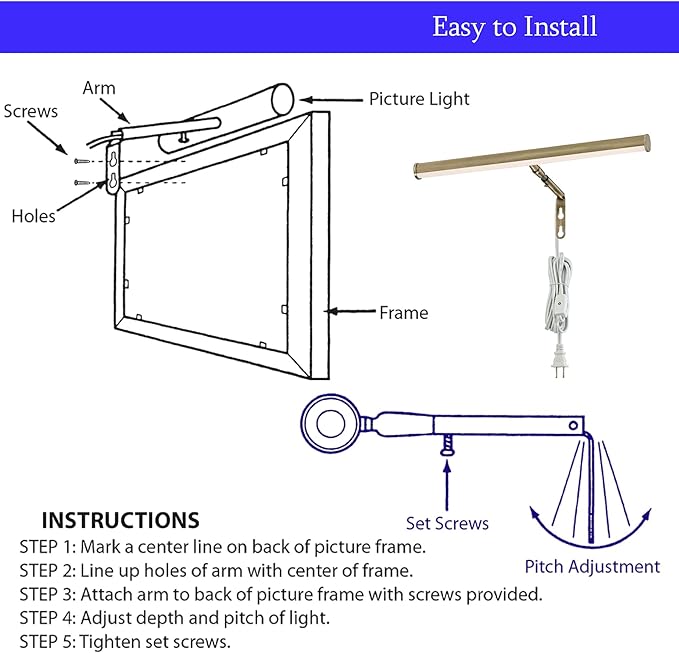 Ciata 14-Inch Picture Light with Integrated LED,3000K Warm White, 4 Watt (40W Eqv) Metal Wall Mount Artwork Display Light, CRI 90, 96 in Cord Length with in-line On/Off Switch in Antique Brass Finish