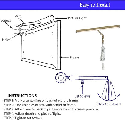 Ciata 14-Inch Picture Light with Integrated LED,3000K Warm White, 4 Watt (40W Eqv) Metal Wall Mount Artwork Display Light, CRI 90, 96 in Cord Length with in-line On/Off Switch in Antique Brass Finish
