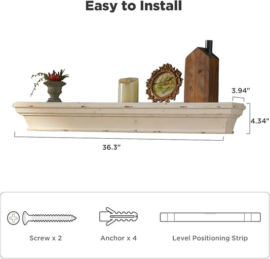 Vintage Floating Shelves for Wall, 36.3 Inch Rustic Wall Shelves, Solid Wood Mounted Decorative Shelves, Long Floating Shelf for Living Room, Bedroom, Bathroom, Kitchen, Home Decor, White