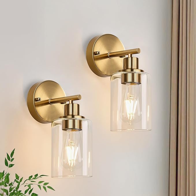 Set of 2 Wall Sconces for Bathroom, Brushed Gold Modern Vanity Lights with Clear Glass Shade,Bathroom Wall Lamp for Mirror Kitchen Living Room Hallway Cabinet Porch