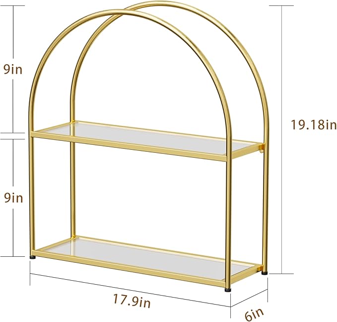 Crofy Gold Arched Frame Wall Shelf, Decorative 2 Tier Bathroom Wall Shelf with Transparent Tempered Glass Shelves and Robust Storage Capacity, 5.1