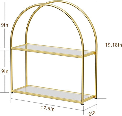 Crofy Gold Arched Frame Wall Shelf, Decorative 2 Tier Bathroom Wall Shelf with Transparent Tempered Glass Shelves and Robust Storage Capacity, 5.1" D x 17.9" W x 19.18" H