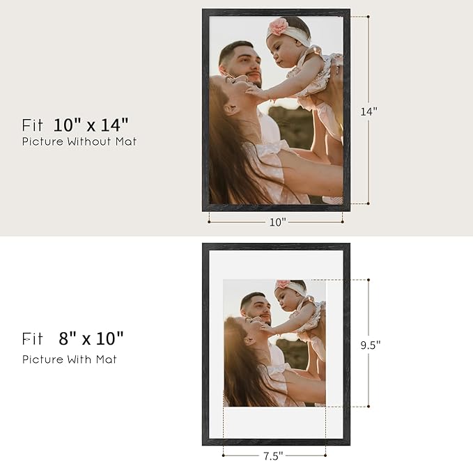 puthiac 10x14 Solid Oak Wood Picture Frame, Fits 8x10 with Mat or 10x14 Without Mat, Wall Display Only, Vertical or Horizontal, Plexi Front, 1 Pack, Black