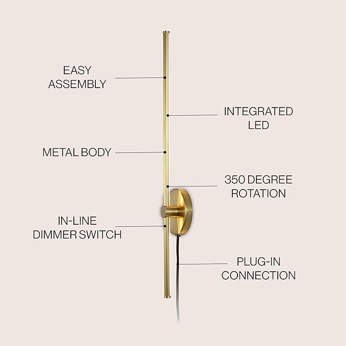 JONATHAN Y 27.25" Brass Gold 1-Light Modern Integrated LED Wall Sconce, Minimalist Plug-in Adjustable Bar Lamp for Bedroom Living Room, Dimmable Iron Metal Wall Light, 3000K (JYL7136B)