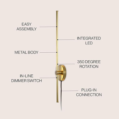 JONATHAN Y 27.25" Brass Gold 1-Light Modern Integrated LED Wall Sconce, Minimalist Plug-in Adjustable Bar Lamp for Bedroom Living Room, Dimmable Iron Metal Wall Light, 3000K (JYL7136B)