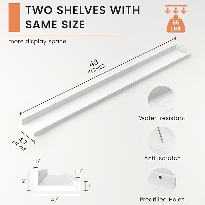 Picture Ledge Shelf, Floating Shelves Set of 2, 48 Inches Long Large Nursery Book Shelves for Toys Storage, Kids Bookshelf Wall Mounted for Living Room Bedroom Decor Books Photo Frames, White