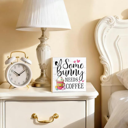 Some Bunny Needs Coffee Easter Wood Block Plaque Box Sign for Home Living Room Coffee House Bar Shelf Table Office Decoration, Easter Farmhouse Decor Gifts for Friend Family