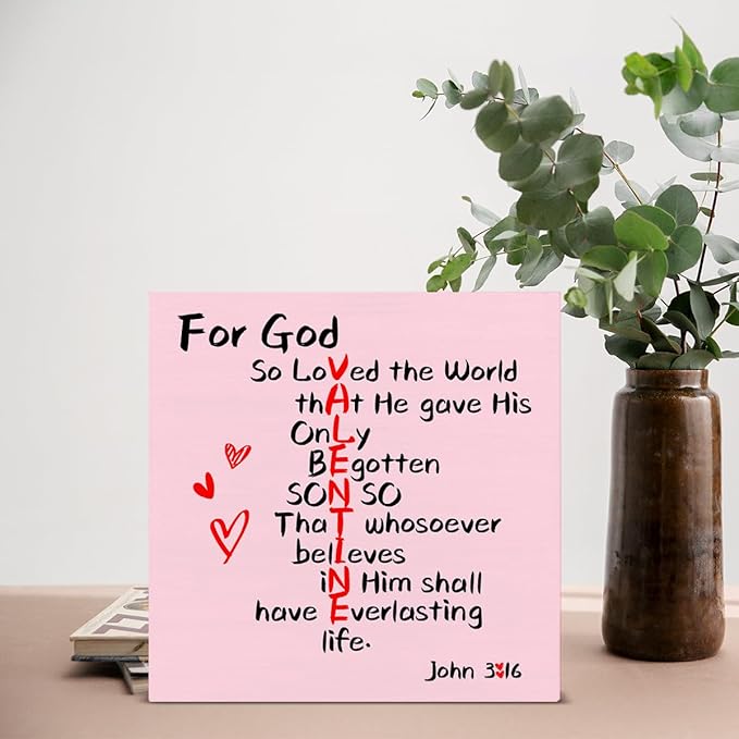 Valentines Day Decor - Valentines Decor - Christian Desk Sign - John 3:16 Scriptures Wood Sign Home Bedroom Desk Shelf Table Decorations 5×5 Inches