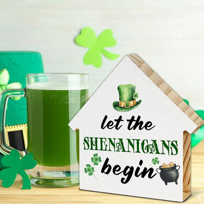 Funny St. Patrick's Day Irish Decor, Let the Shenanigans Begin House Shaped Wood Block Sign, Home Decor for Desk Table Shelf, St Patricks Day Decorations